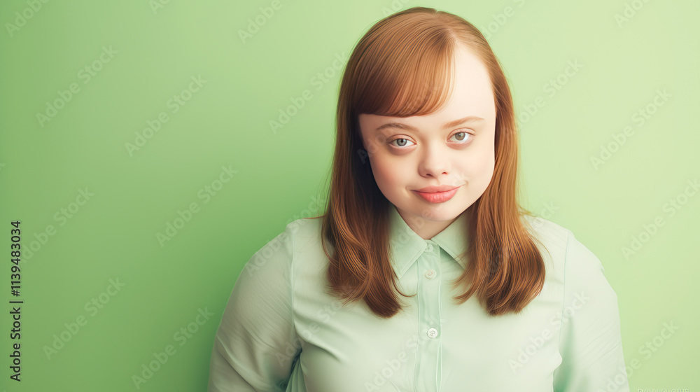 Obraz premium Portrait of smiling laughing woman with Down syndrome green background.