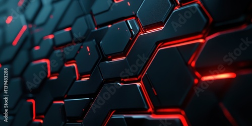 Abstract Hexagonal Pattern with Red Neon Lights Futuristic Technology Background Digital Art