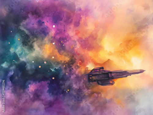 Watercolor UFO flying through vibrant cosmic nebula, unidentified flying object, alien spacecraft, colorful space background, glowing lights, extraterrestrial design, bright galaxy, interstellar

