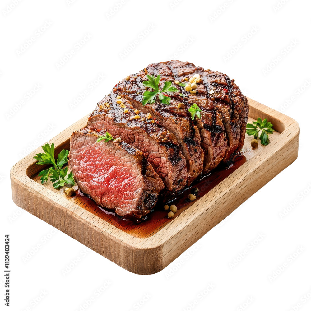 Roast beef on a wooden tray, isolated on a white background, offering a rustic and inviting look. PNG Roast beef on a wooden tray, isolated on a white background, offering a rustic and inviting look. PNG