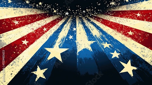 Vintage patriotic USA flag texture. Grunge background with stars and stripes. America shines red, white, and blue. Iconic design for celebrations, national pride, cultural heritage.