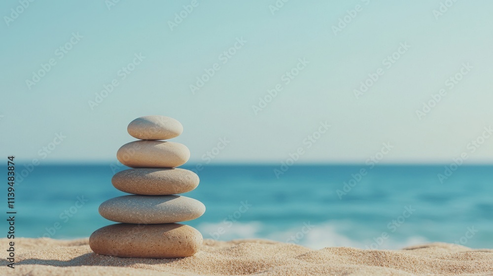 Mindfulness and peaceful acceptance through stacked stones on a beach nature scene tranquil environment