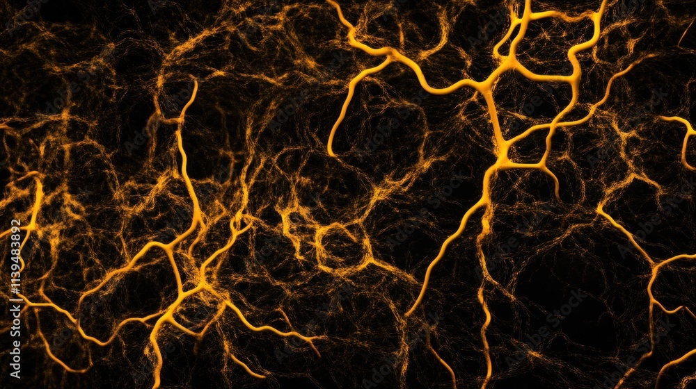Naklejka premium Abstract intricate network of glowing, golden veins against a dark background.