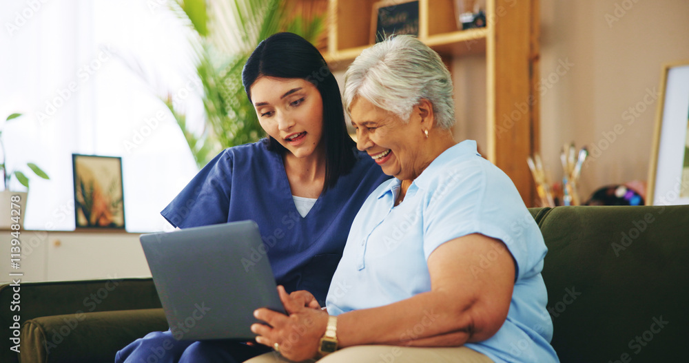 Laptop, happy senior woman or caregiver in retirement home with healthcare results or medical diagnosis. Good news, pensioner or elderly person with technology, patient info or nurse for wellness Laptop, happy senior woman or caregiver in retirement home with healthcare results or medical diagnosis. Good news, pensioner or elderly person with technology, patient info or nurse for wellness