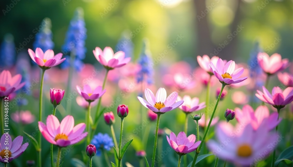 A field of colorful wildflowers in soft pink and blue hues, garden, spring flowers A field of colorful wildflowers in soft pink and blue hues, garden, spring flowers
