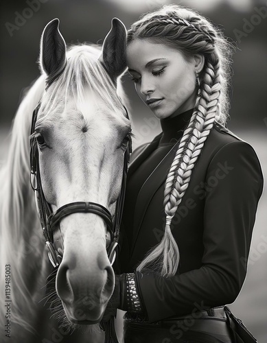 Beautiful young woman with fishtail braids in elegant equestrian attire standing closely beside her horse gently holding his reins and leaning into the horse, portrait with softly blurred background photo