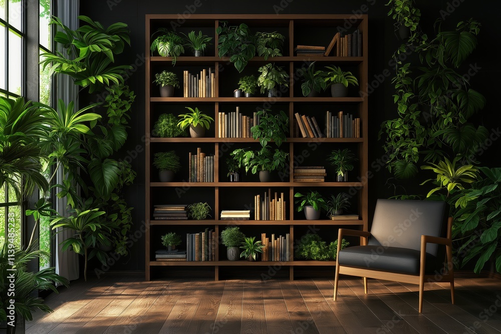 Fototapeta premium Modern Interior with Bookcase and Plants