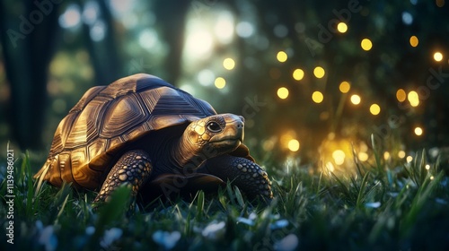 A tortoise walks on grass at dusk, magical lights in background. photo