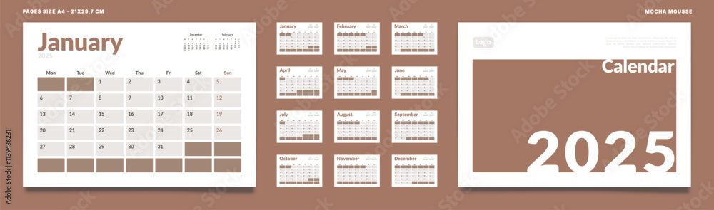 Set of 2025 Calendar Planner Template Pages Monthly, Cover. Vector layout of a wall or desk calendar with week start Monday for printing. Page size A4-21x29.7cm Set of 2025 Calendar Planner Template Pages Monthly, Cover. Vector layout of a wall or desk calendar with week start Monday for printing. Page size A4-21x29.7cm