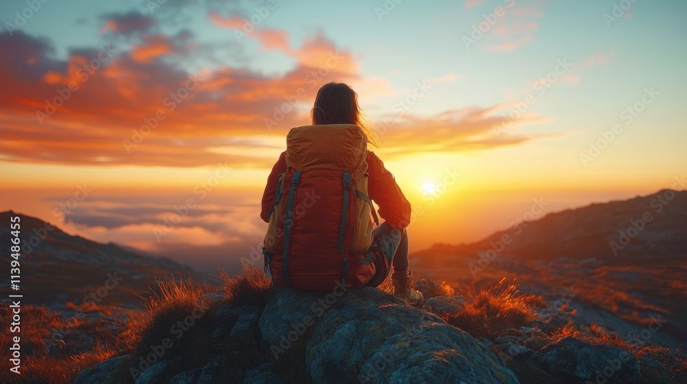A person sits on a rock, watching a vibrant sunset over mountains with a backpack nearby. A person sits on a rock, watching a vibrant sunset over mountains with a backpack nearby.