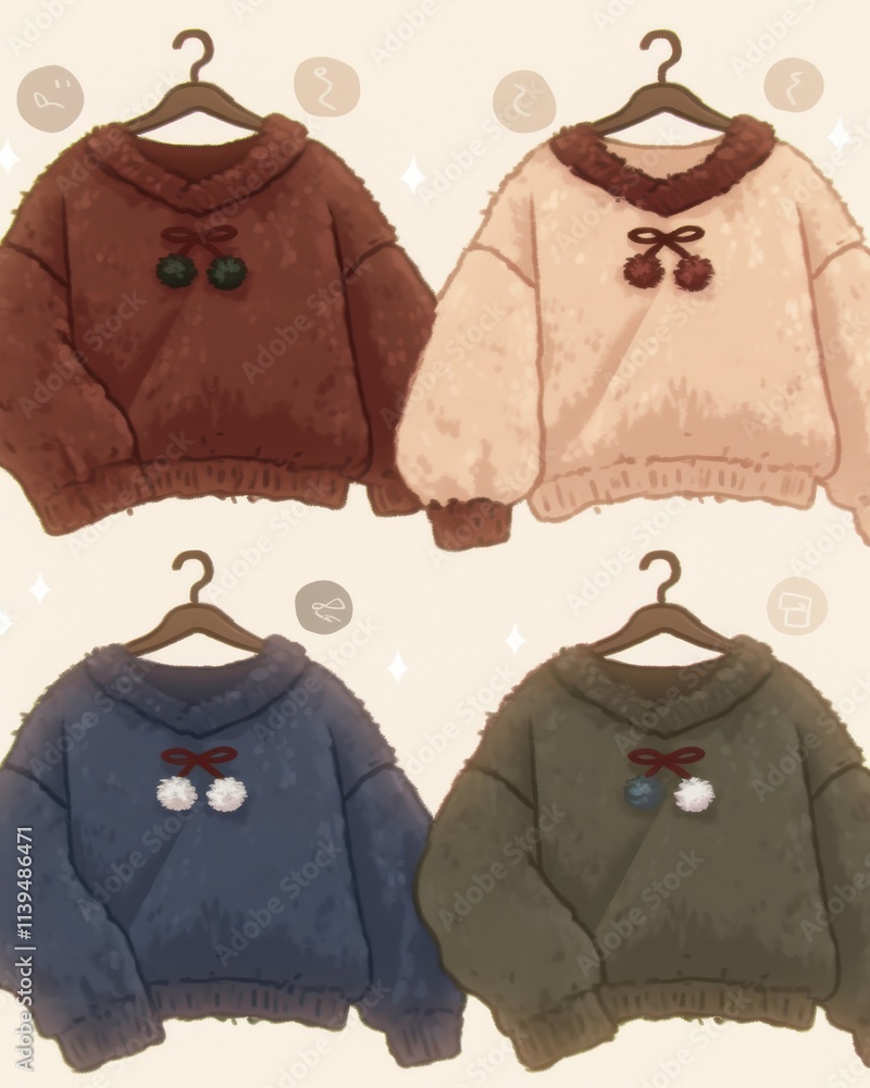 Naklejka premium Cozy fluffy sweaters in various colors, featuring decorative pom-poms and a warm, stylish design.