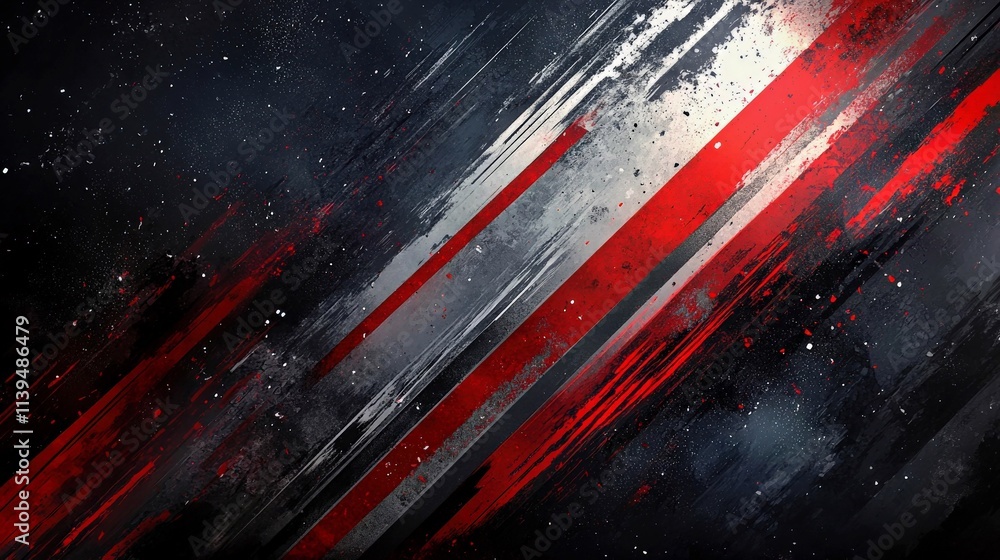 Naklejka premium Dynamic abstract art with bold texture. Expressive motion with diagonal strokes. Vivid red and black lines create modern design. Vibrant, urban composition for striking wallpaper.