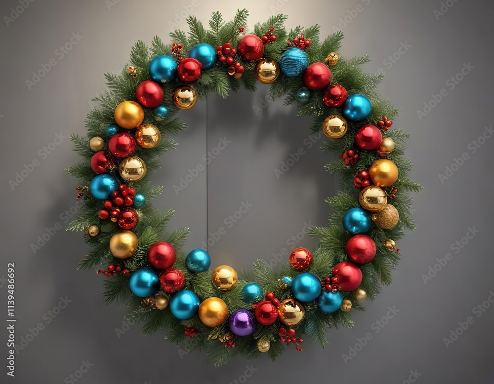 Sparkling Glass Balls on a Wreath Door Decoration , colorful accents, frosty elegance, festive entrance Sparkling Glass Balls on a Wreath Door Decoration , colorful accents, frosty elegance, festive entrance