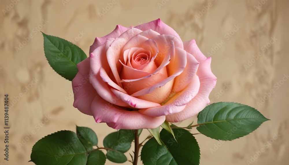 Fototapeta premium Pink rose with green leaves against a warm beige or light brown background, beige or light brown background, garden, bright pink rose