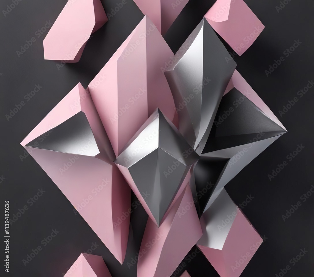 pale pink and silver shapes in a geometric arrangement against a dark grey background, arrangement, silvery pale pink and silver shapes in a geometric arrangement against a dark grey background, arrangement, silvery