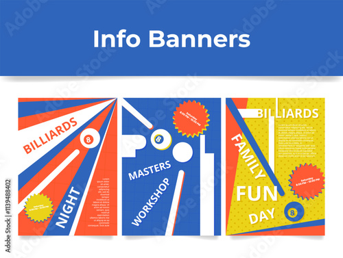 Banners inviting everyone to join an exciting evening of billiards with fun activities and themed games