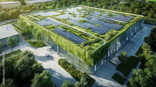 Aerial view of a large, modern building with a green roof and solar panels.