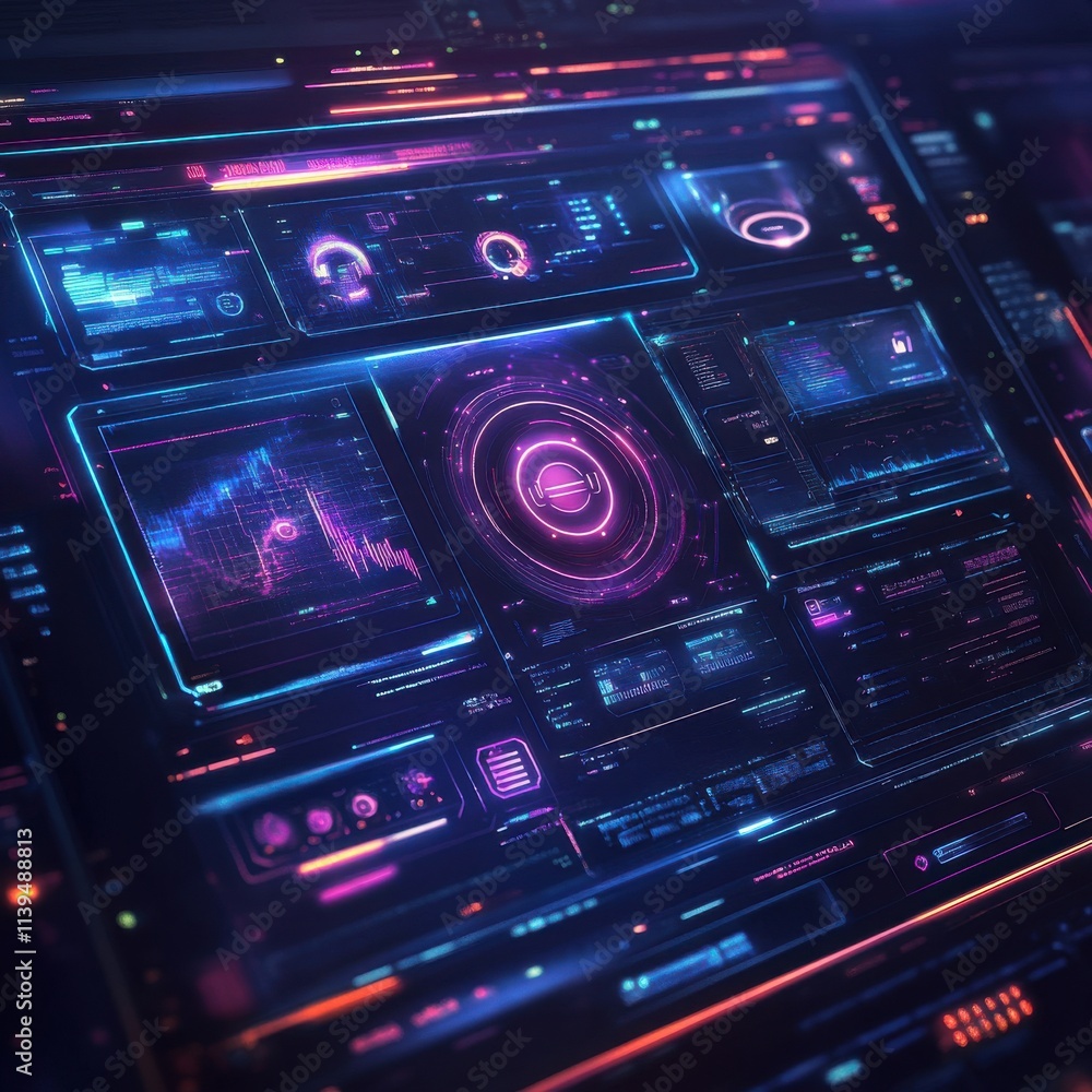 Fototapeta premium Futuristic digital interface featuring neon colors and data visualization elements.