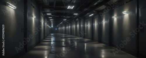 Empty prison corridors with flickering fluorescent lights, bare, minimal photo