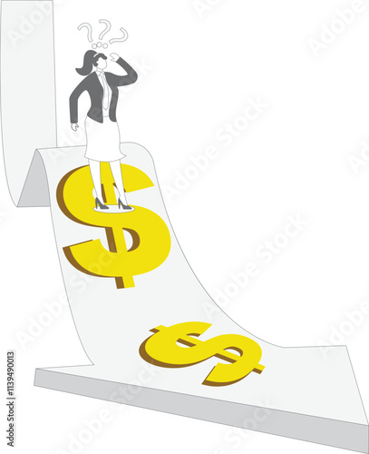 Falling or declining business, recession, financial crisis, inflation, declining business or investment losses, falling prices, frustrated businesswomen standing on the edge of the falling arrow dolla