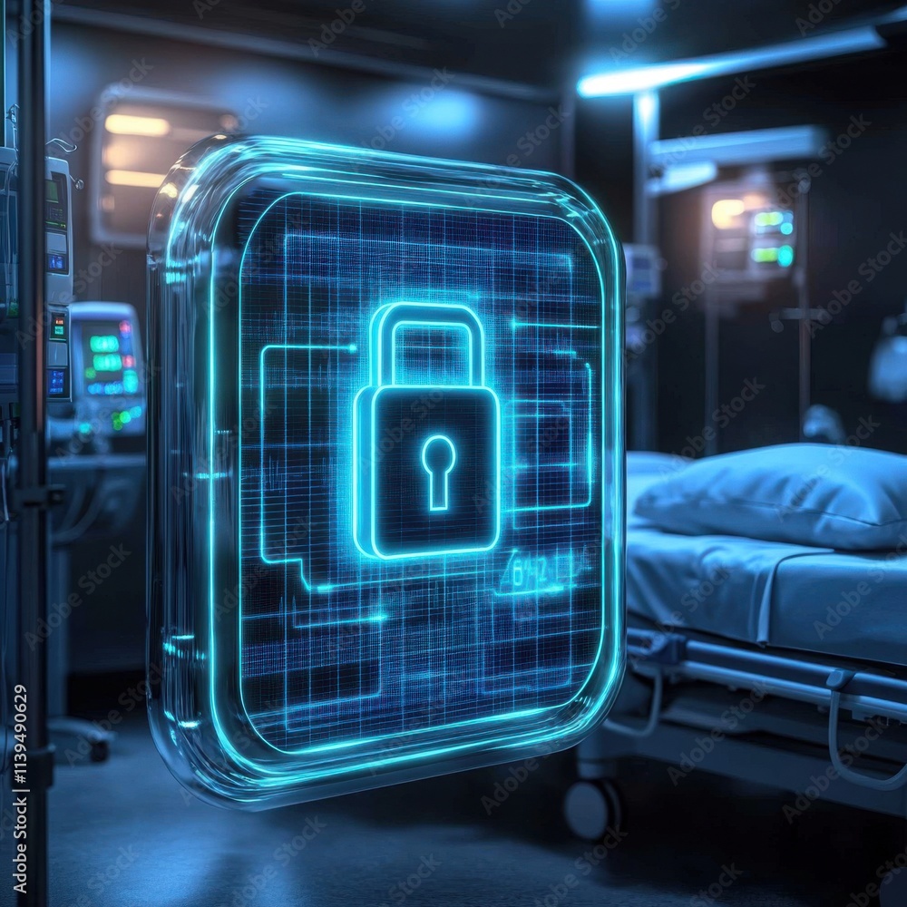 Obraz premium A digital lock symbolizing cybersecurity in a hospital setting, highlighting the importance of data protection.