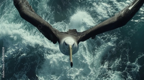 Albatross in flight over turbulent ocean waves. photo