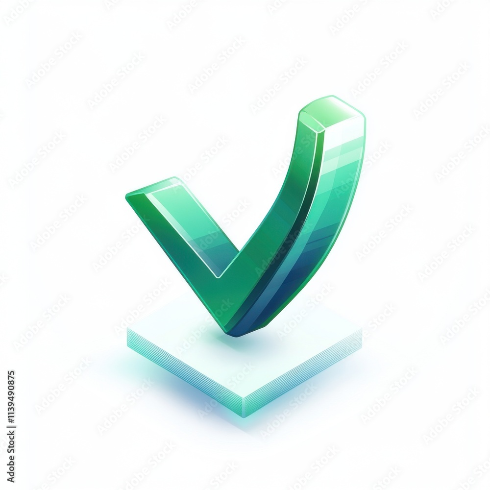 Stylized 3D green checkmark symbol representing approval and success. Stylized 3D green checkmark symbol representing approval and success.