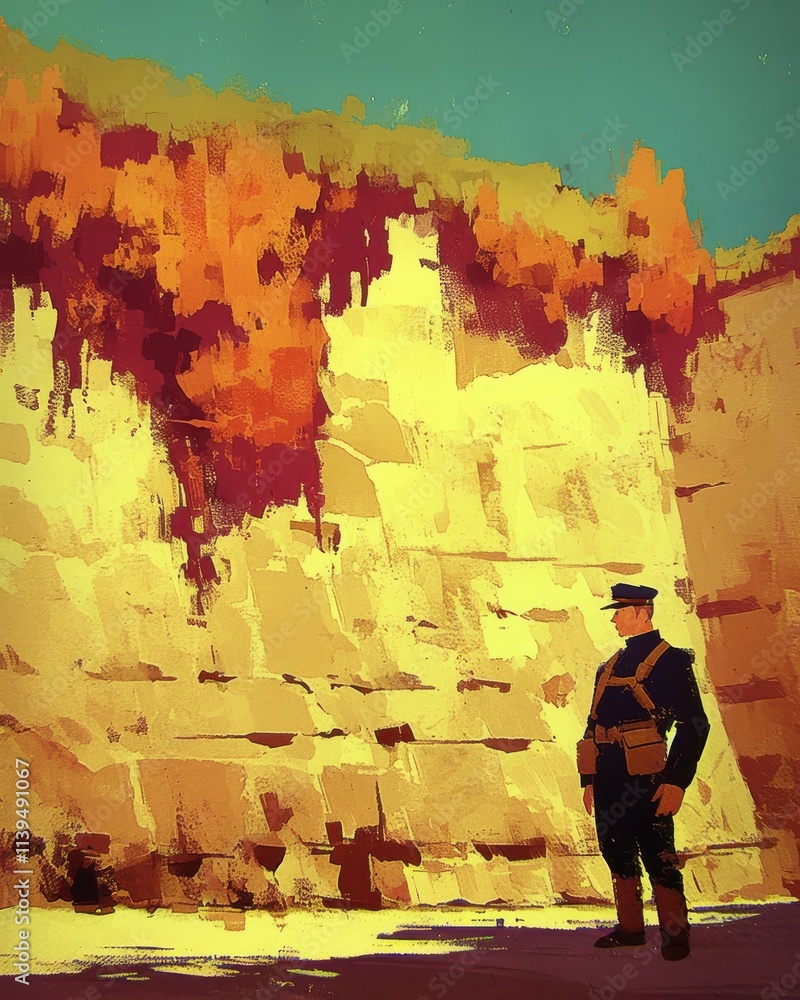 Fototapeta premium A striking scene of a male soldier in uniform, standing contemplatively against a vivid, sunlit rock formation.