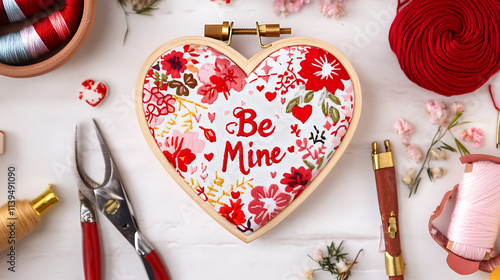 Heart shaped embroidery hoop with floral pattern and Be Mine text