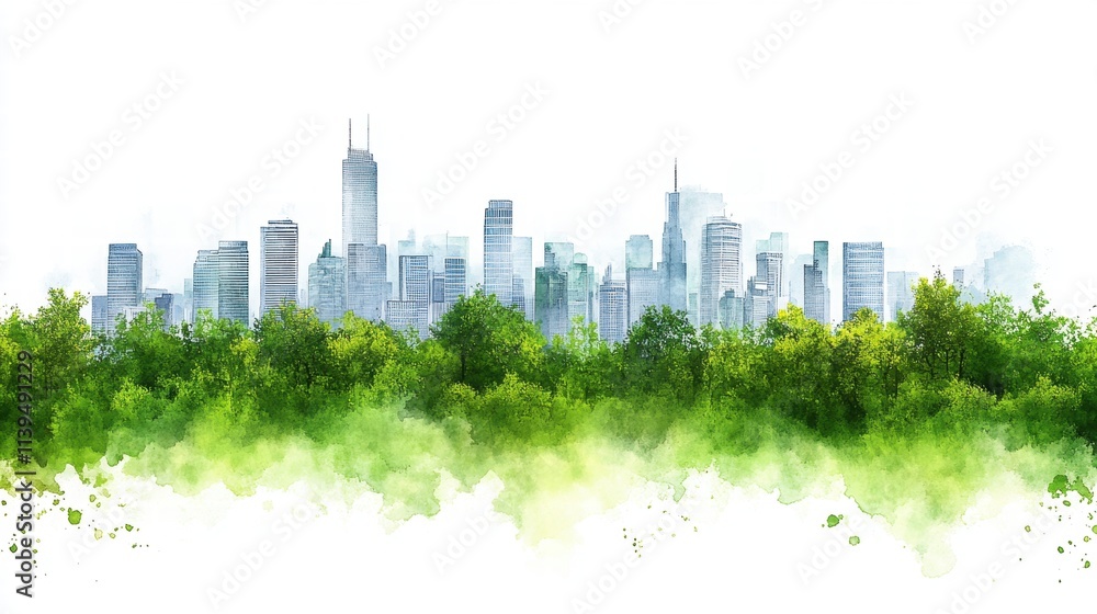 Fototapeta premium Green City Skyline Watercolor