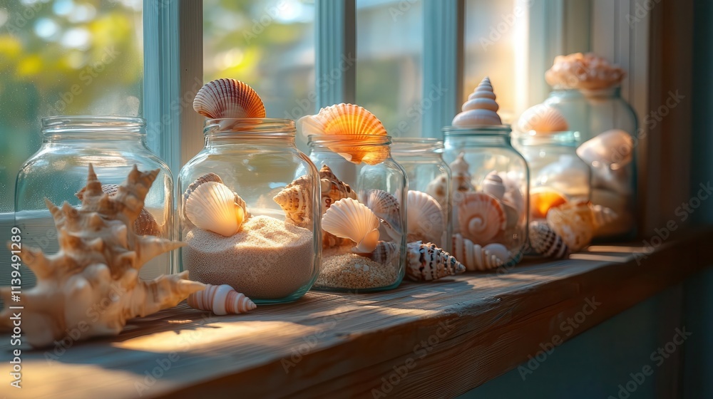 A glowing collection of seashells and sand in glass jars displayed on a sunny windowsill, symbolizing cherished moments A glowing collection of seashells and sand in glass jars displayed on a sunny windowsill, symbolizing cherished moments
