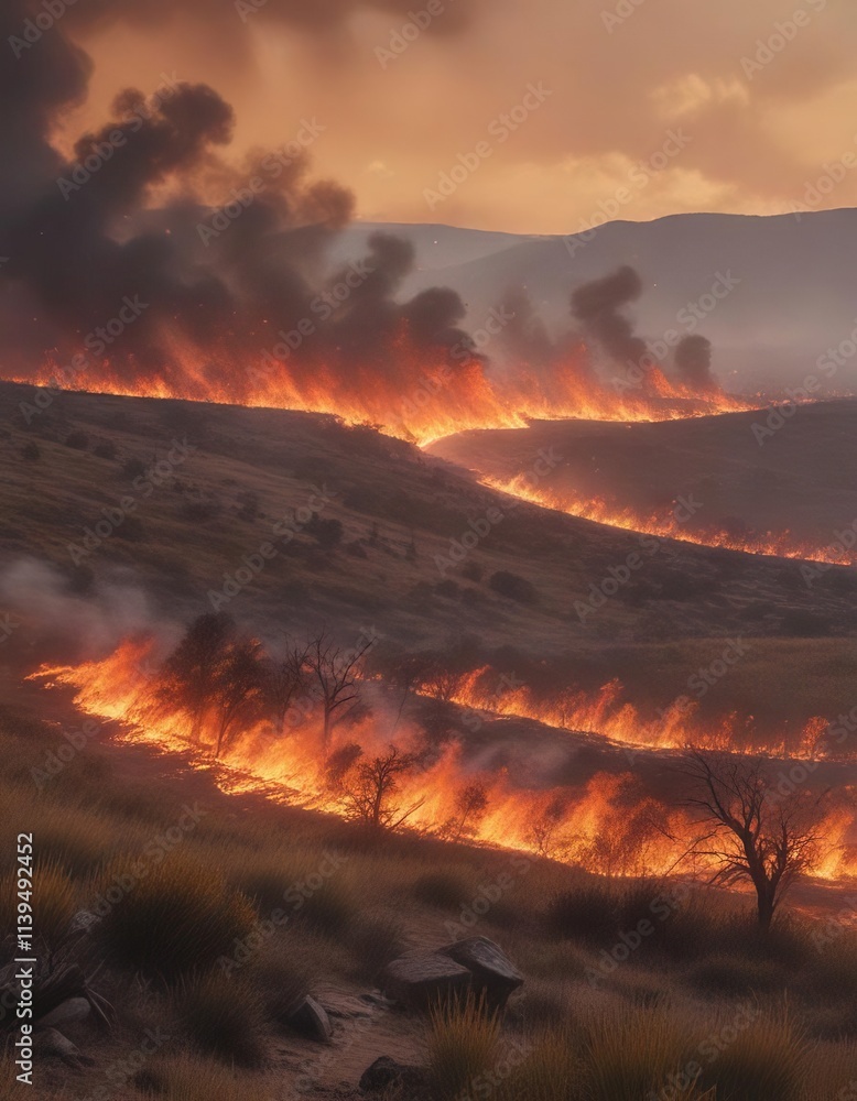 Fototapeta premium A ranch in the Flint Hills is engulfed by a massive wildfire that fills the valley with smoke and flames, causing widespread destruction, burning landscape, ash-covered ground