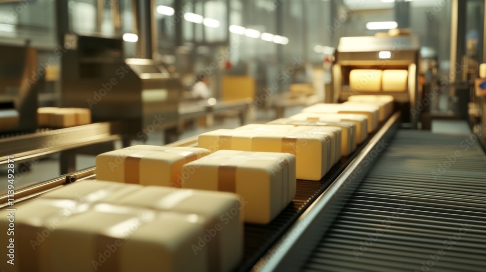Automated food production line with packaged goods moving on conveyor belt. Automated food production line with packaged goods moving on conveyor belt.