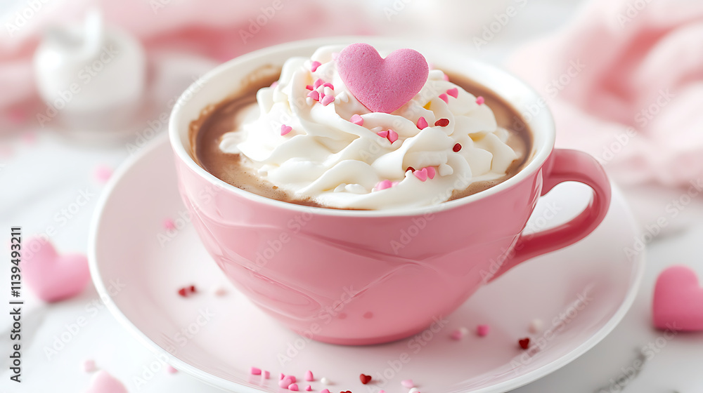 pastel pink teacup filled with hot chocolate and whipped cream, topped with heart sprinkles pastel pink teacup filled with hot chocolate and whipped cream, topped with heart sprinkles