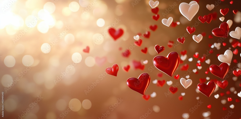 Red and White Hearts Floating on a Golden Bokeh Background Red and White Hearts Floating on a Golden Bokeh Background
