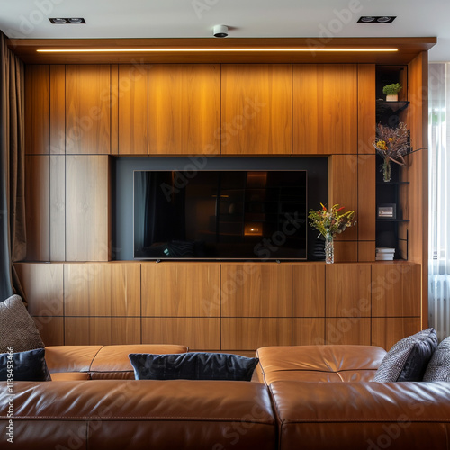 Wooden wall mounted tv on cabinet in living room with leather sofa and decor accessories, minimal design