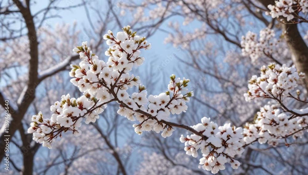 Whitebeam trees with snow-covered branches and blooming buds, winter, frozen Whitebeam trees with snow-covered branches and blooming buds, winter, frozen
