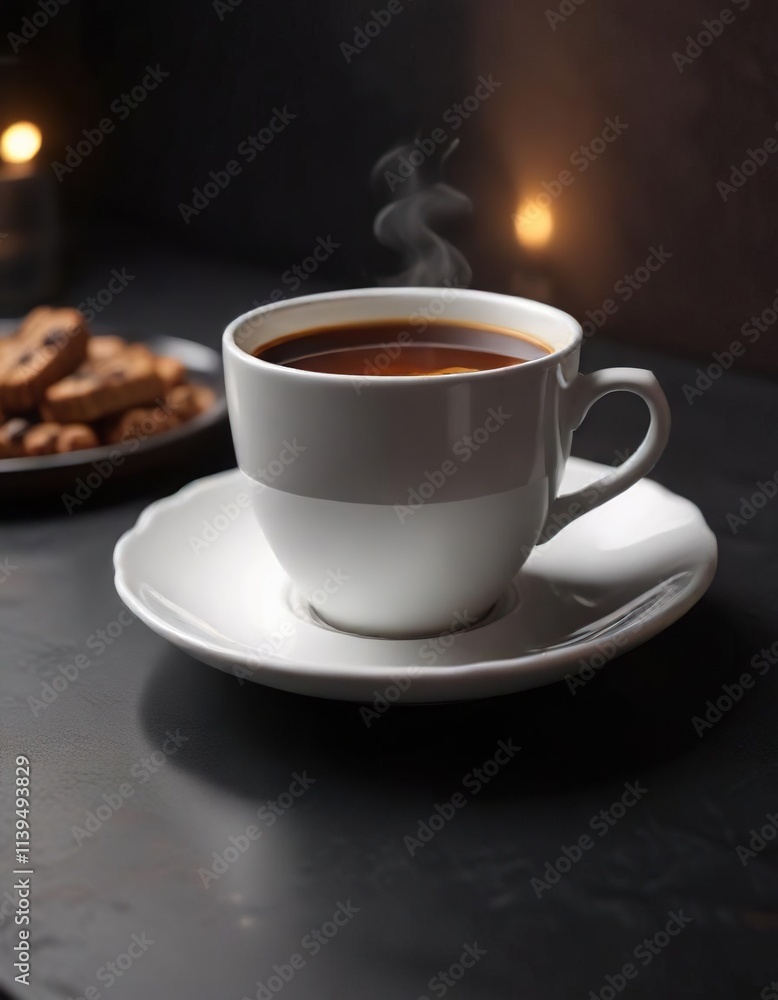 White cup with coffee and saucer on dark background, warm lighting, atmosphere, dark White cup with coffee and saucer on dark background, warm lighting, atmosphere, dark