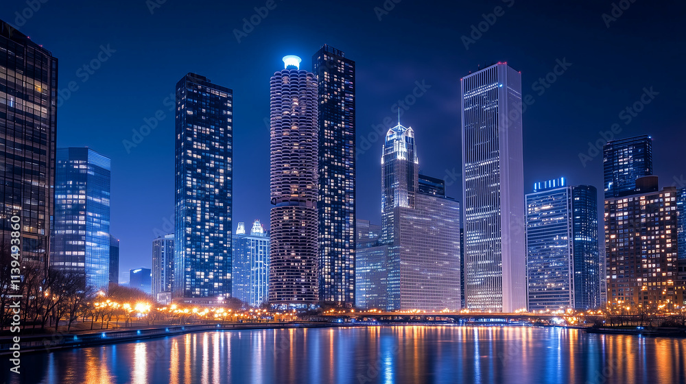 Obraz premium The city at night where skyscrapers are illuminated, their lights reflecting off each other, creating a luminous, almost surreal cityscape.