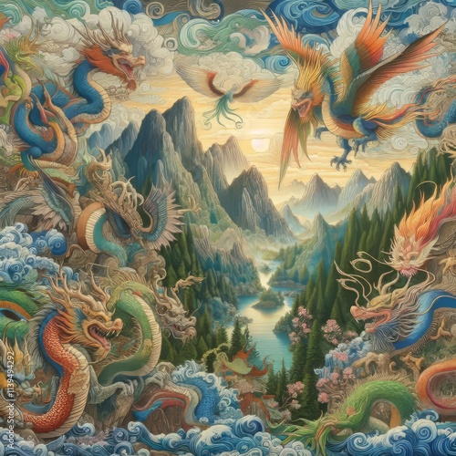 27 A fantasy themed mural showcasing a range of mythical creatur photo