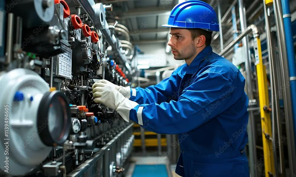 A technician in protective gear operates machinery in an industrial setting. A technician in protective gear operates machinery in an industrial setting.