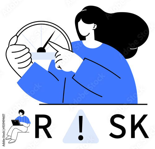 Person using a gauge to measure risk level, another person working on a laptop, and the word RISK with an exclamation mark. Ideal for risk assessment, management strategies, business planning