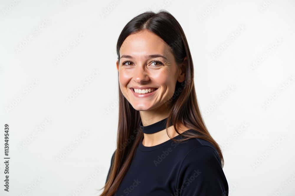 Professional Headshot of a Smiling Woman with Long Brown Hair in a Navy Blue Top, Perfect for Business Profiles and Professional Websites Professional Headshot of a Smiling Woman with Long Brown Hair in a Navy Blue Top, Perfect for Business Profiles and Professional Websites