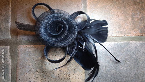 Fényképezés black feather and mesh fascinator