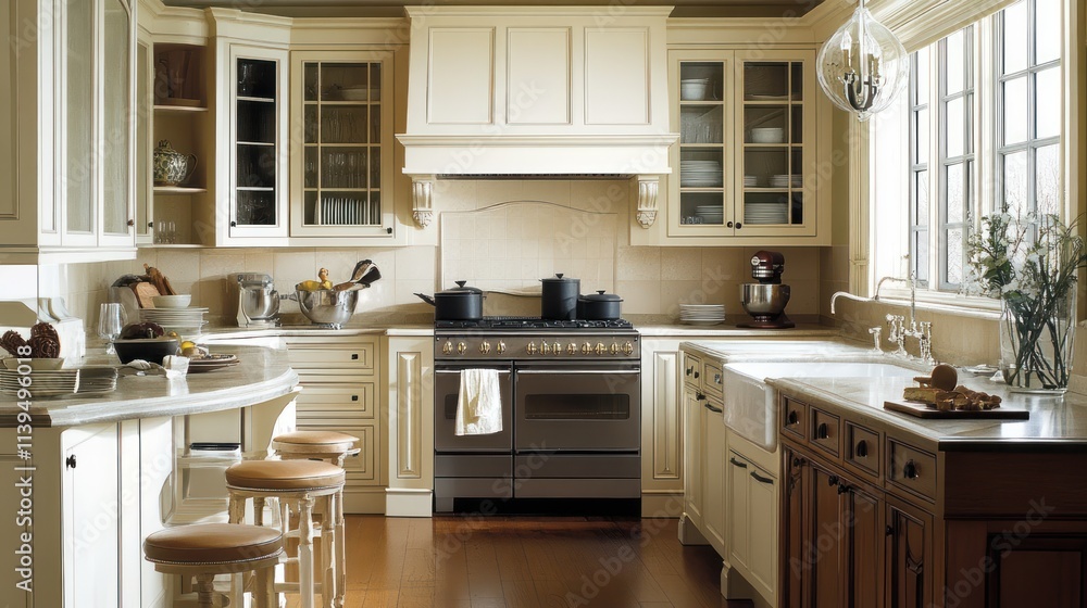 Fototapeta premium A modern kitchen featuring elegant cabinetry, appliances, and a warm atmosphere for cooking.