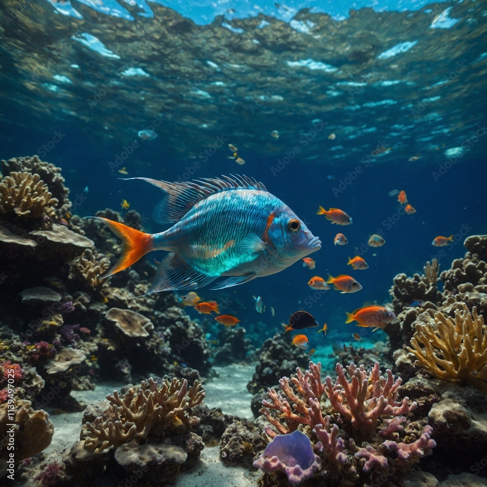 Fototapeta premium A luminous fish with a polished mirror cup inside, drifting slowly past a breathtaking underwater landscape filled with coral gardens and rainbow-colored fish.