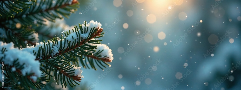 Softly falling snowflakes dance around pine branches, glitter, sparkles, pine needles Softly falling snowflakes dance around pine branches, glitter, sparkles, pine needles