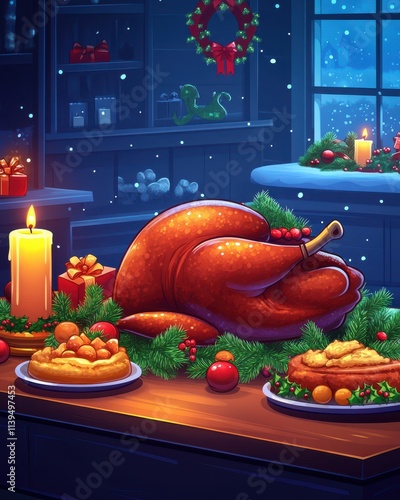 A beautifully arranged holiday feast featuring a roasted turkey, festive decorations, and warm candlelight. photo