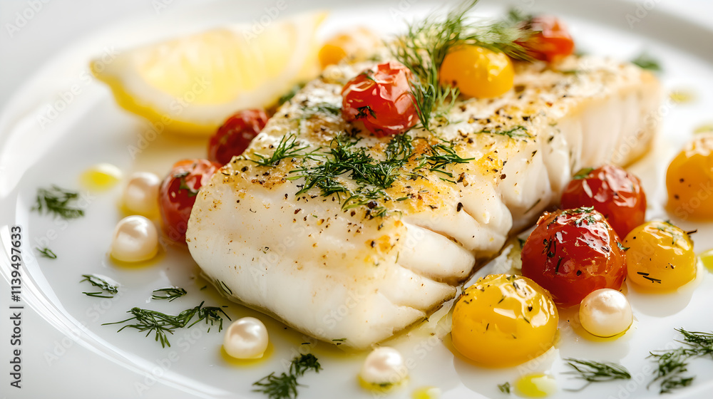 delicious looking oven baked cod with baked red and yellow cherry tomatoes delicious looking oven baked cod with baked red and yellow cherry tomatoes