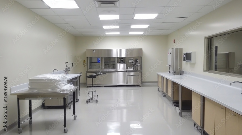 Clean, modern laboratory room with stainless steel equipment and light flooring. Clean, modern laboratory room with stainless steel equipment and light flooring.